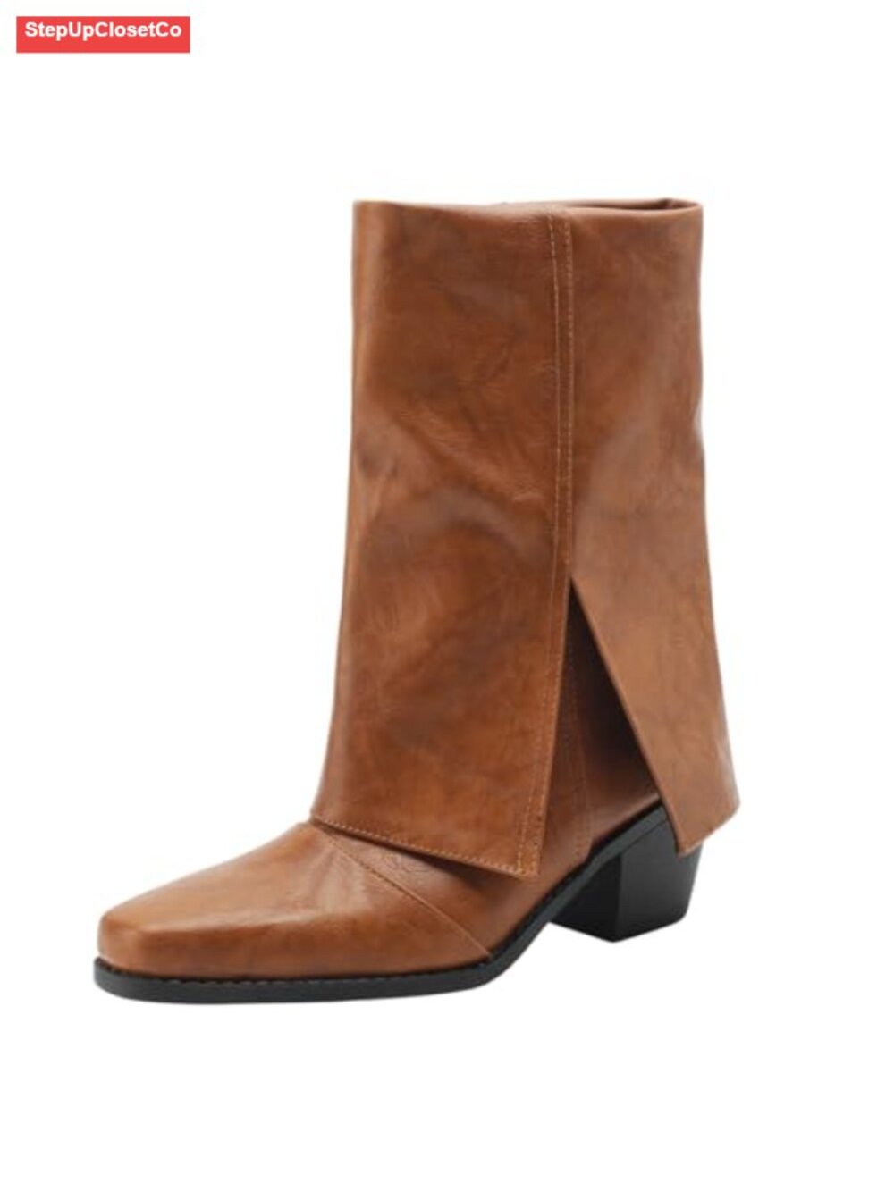 Womens Square Toe Mid Calf Boots Chunky Heel Fold Over Pull On Faux Leather